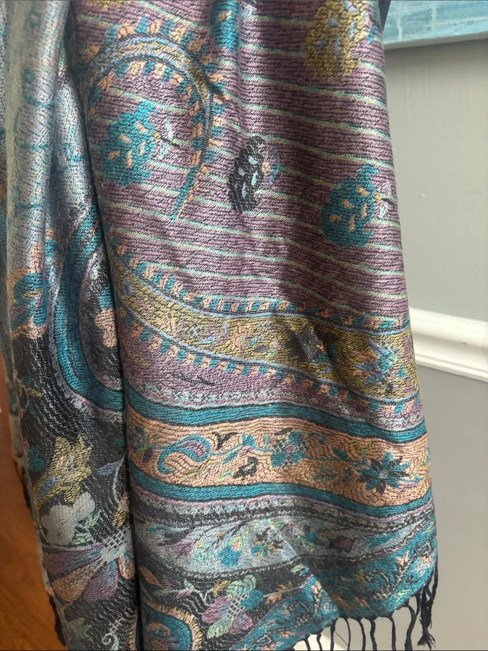 100% Pashmina Paisley Scarf Shawl Wrap – Teal, Pink & Gold. Purchased in India